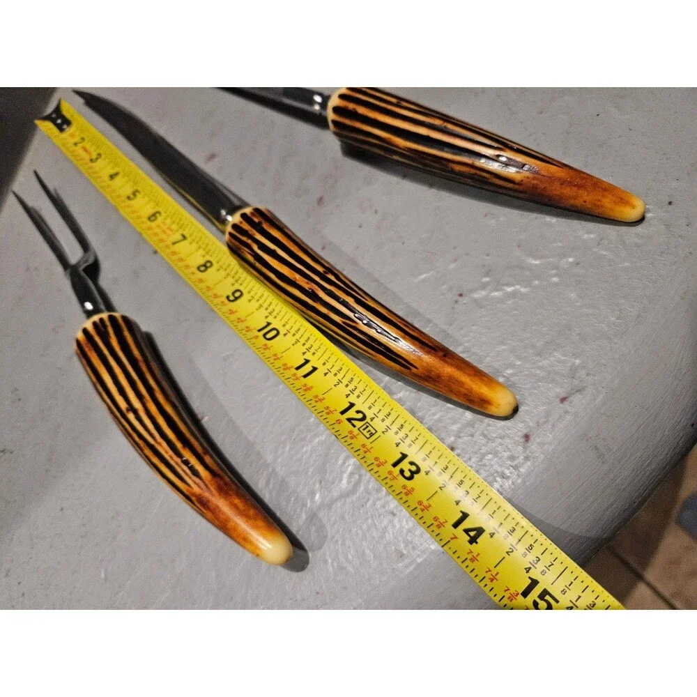 Vintage Crown Crest Sheffield Carving Set Set of 3 Faux Stag Horn